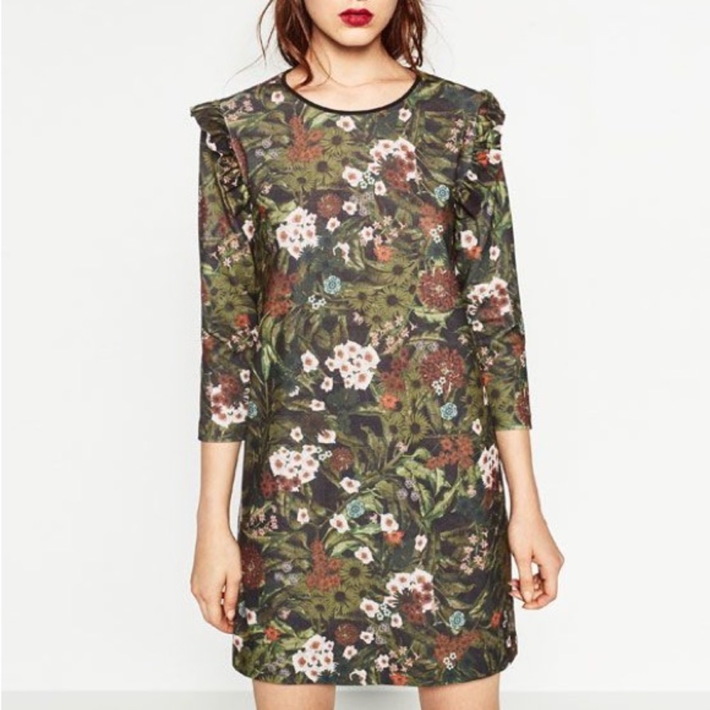 Zara Dark Green Floral Pattern Autumn Ruffle Sleeve Mini Dress Women's 8